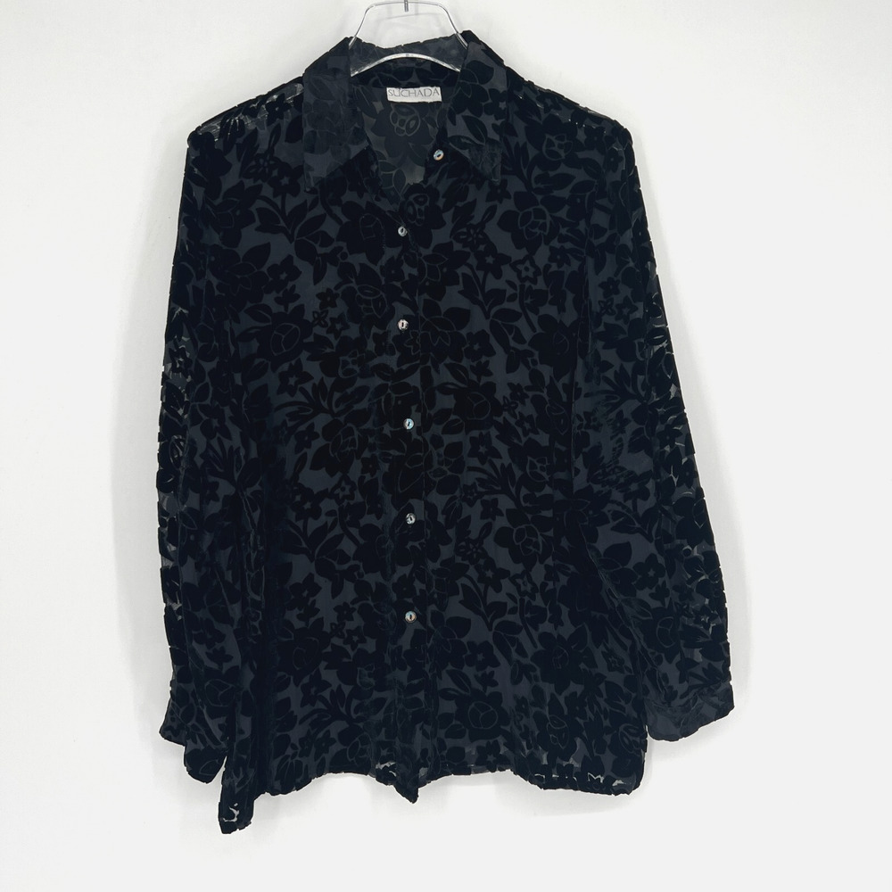 Vtg Suchada Top Womens M/L Velvet Burnout Floral Button Down Boho‎ Black